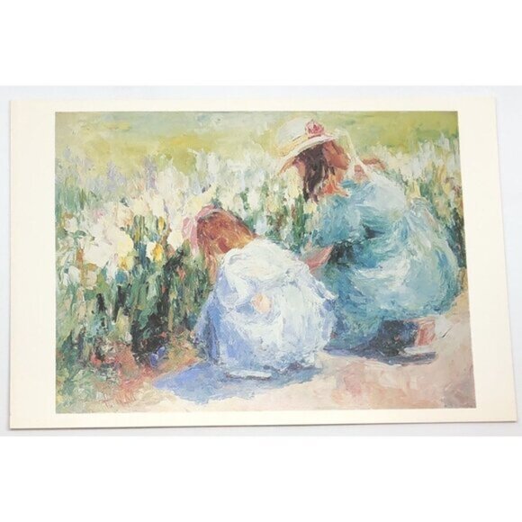 4"x6" Postcard Print Girls FLOWER GARDEN Impressionist Painter HENRIETTA MILAN - Picture 1 of 2